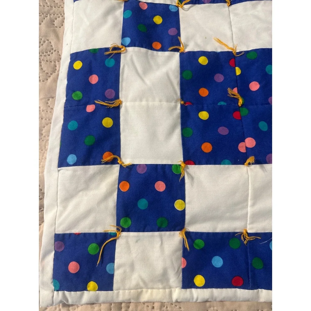 Handmade Patchwork Baby Quilt Blue Polka Dot Hand Tied Nursery Blanket 26x34